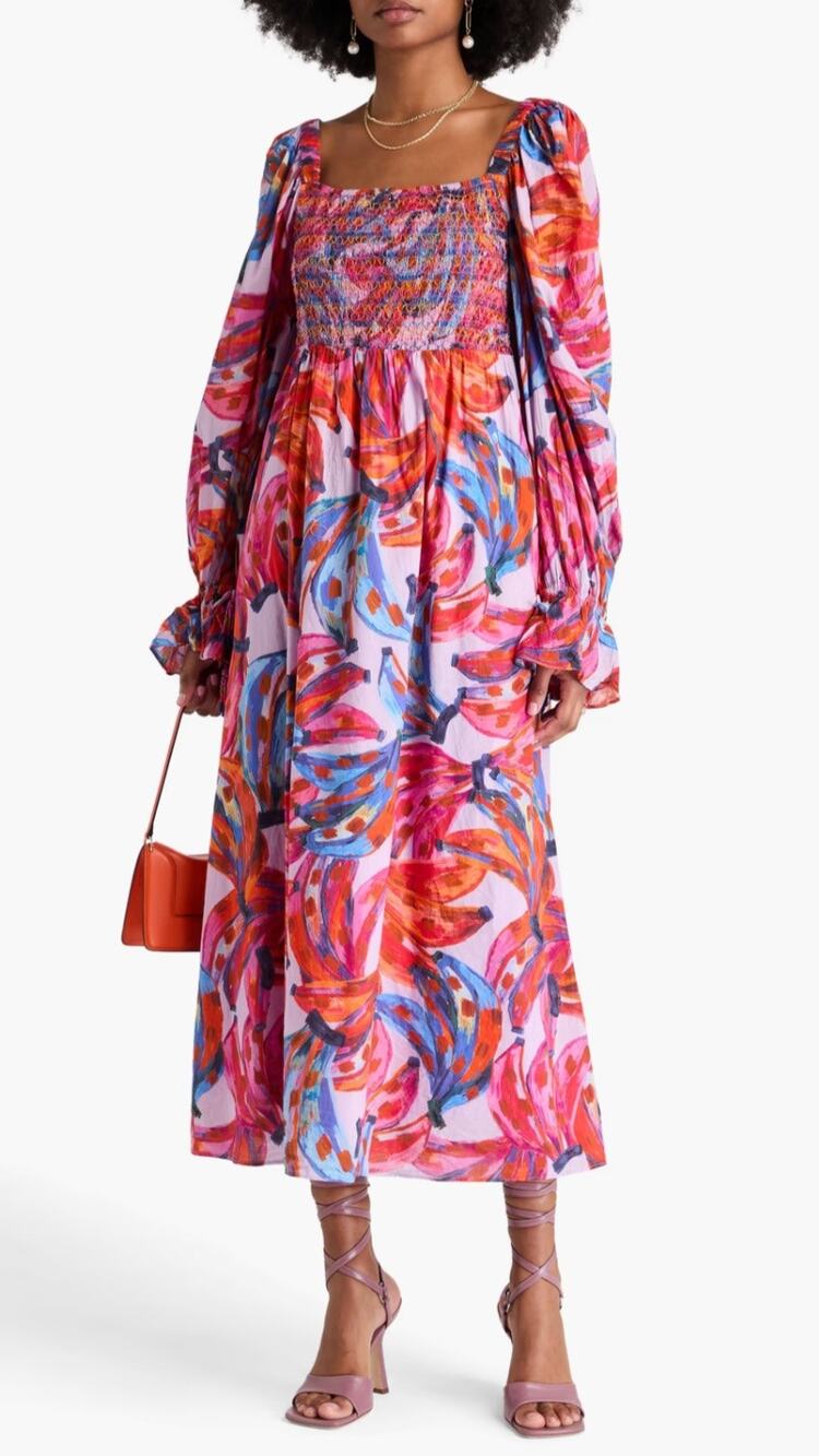 FARM Rio Banana Print Smocked Maxi Dress XS Pink/Multicolor Puff Sleeves